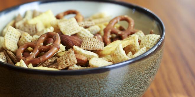Bowl of snack mix.
